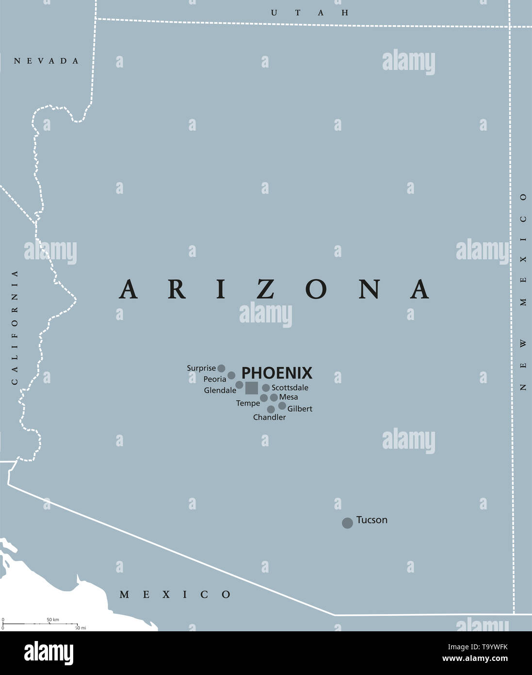 Mapa político de Arizona con capital de Phoenix. Estado en la región suroeste de los Estados Unidos, parte de Europa Occidental y los Estados montañosos. El Estado del Gran Cañón Foto de stock