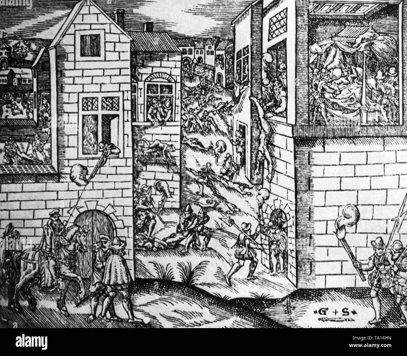 Xilografía contemporánea de la masacre del día de San Bartolomé (París Bodas de Sangre), en la noche del 24.08. (St. Bartholomew's Day) en 1572 cuando el almirante G. de Coligny; entre otros, el líder de los hugonotes, fue asesinado por orden de Catalina de Medici, junto con miles de creyentes que se reunieron para celebrar la boda de la Iglesia protestante Enrique de Navarra (después Enrique IV de Francia) con Margarita de Valois, en París. Foto de stock