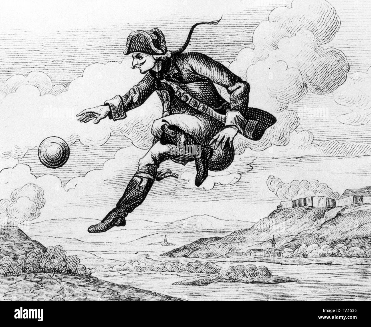 Ilustración para el cuento "Paseo sobre el Hombre Bala' por Hieronymus Karl Friedrich Freiherr von Muenchhausen: los llamados "mentir Baron' vuela sobre una bala de cañón. Foto de stock