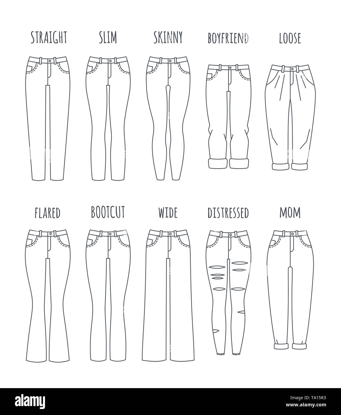 Las mujeres de moda jeans colección Styles. Vector iconos delgada línea  plana de pantalones de mezclilla de moda moderna chica. Ilustración de  esquema de pantalones aislar Imagen Vector de stock - Alamy