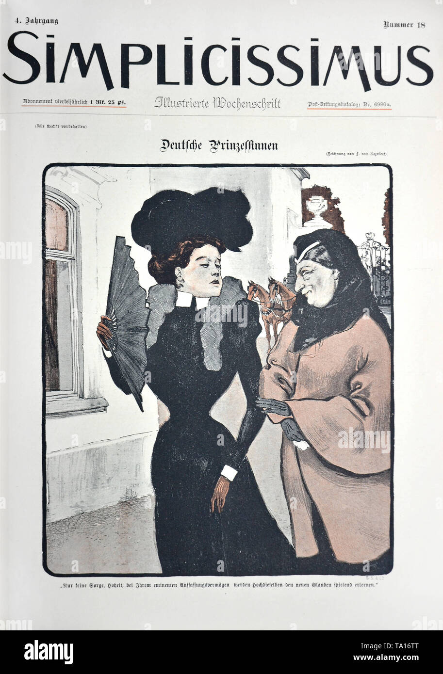 El dibujo "Deutsche Prinzessinnen alemán' ('Princesas') por Ferdinand von Reznicek. Caricatura de la revista satírica "implicissimus', Volumen 4, Número 18 (1898). En la imagen: "No te preocupes, Alteza, con su inteligencia, eminente aprenderán la nueva fe festivamente.". Foto de stock
