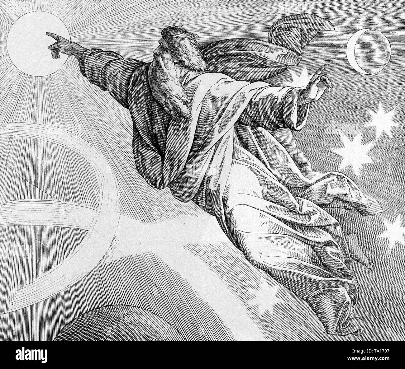 El cuarto día de la creación. Dios crea el sol, la luna y las estrellas. Dibujo por Julius