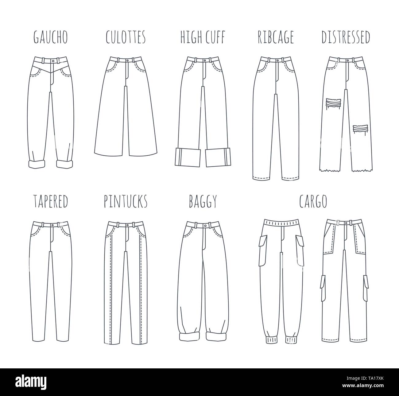 Las mujeres de moda jeans colección Styles. Vector iconos delgada línea  plana de pantalones de mezclilla de moda moderna chica. Ilustración de  esquema de pantalones aislar Imagen Vector de stock - Alamy