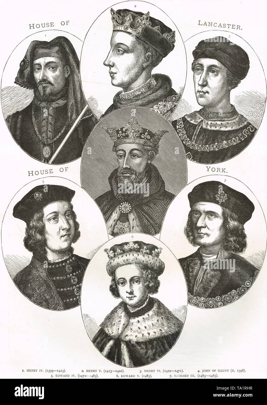 Los Monarcas de las casas de York y Lanaster,rivales por el trono inglés, guerras de las Rosas, del siglo XV. Foto de stock
