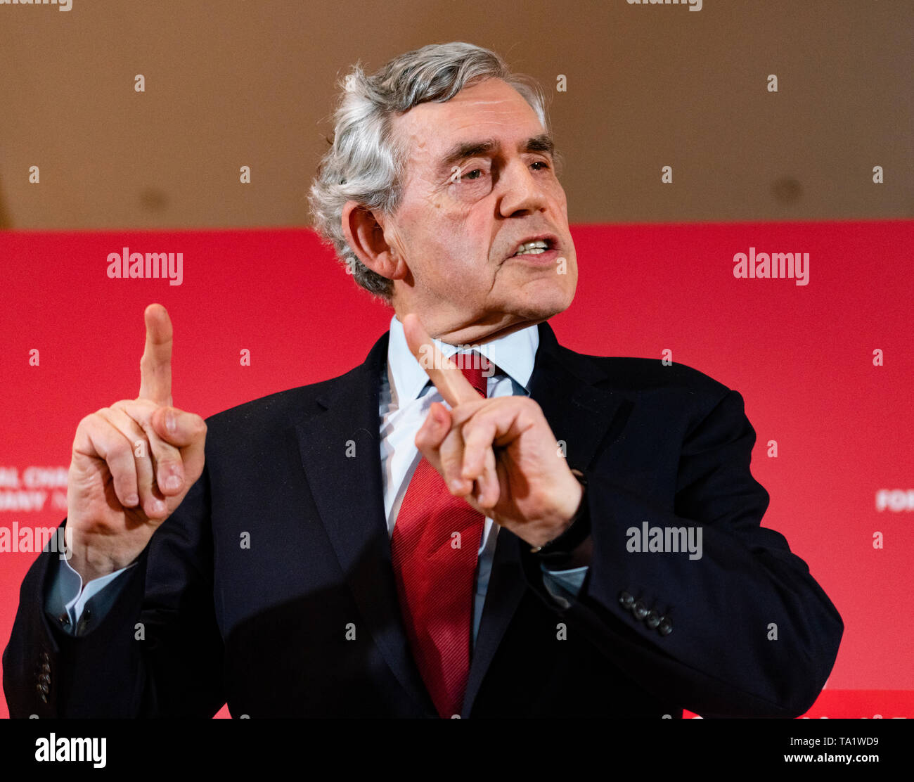 El ex primer ministro Gordon Brown laborista escocés en el lanzamiento de la campaña de las elecciones europeas en el faro en Glasgow ,Mayo de 2019. Foto de stock
