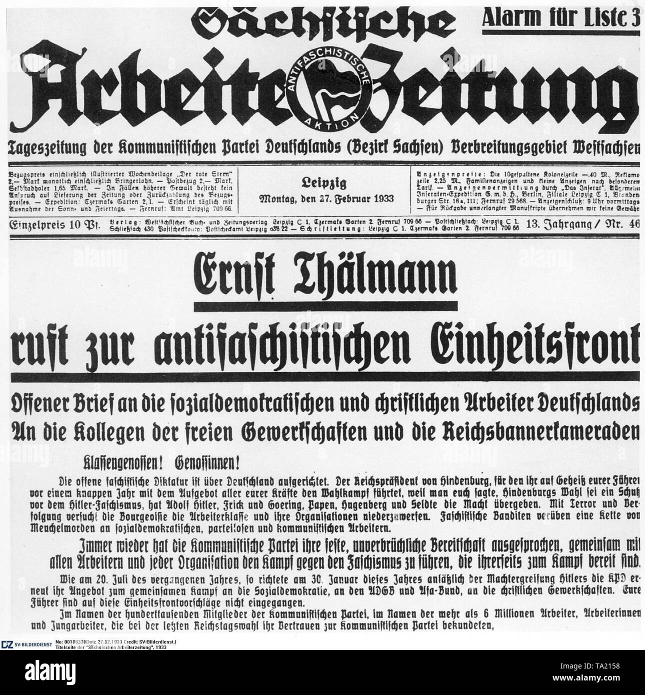 Los 'Saechsischen Arbeiterzeitung" informes: Ernst Thaelmann pide unidad frente antifascista. Foto de stock