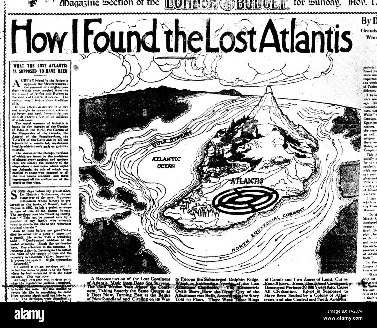 Atlantis, ilustración fantástica de la isla legendaria que supuestamente hundido en el Océano Atlántico, en una revista de Londres en 1931. La realidad histórica y la ubicación de la Atlántida es controvertido. Foto de stock
