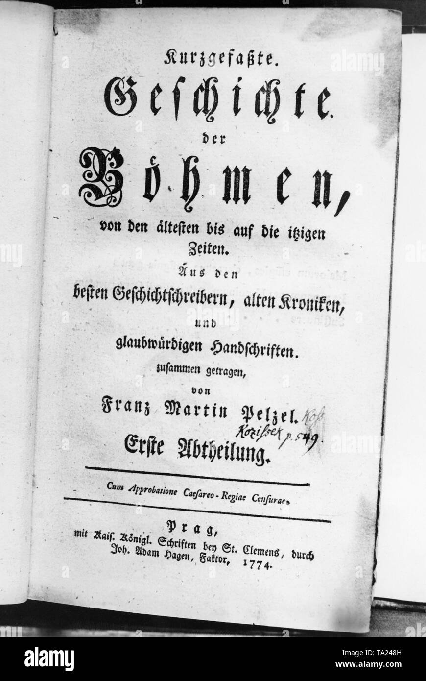 Exposición: El folclore alemán en el extranjero. Breve historia de los Bohemios por el historiador Franz Martin Pelzel. Foto de stock