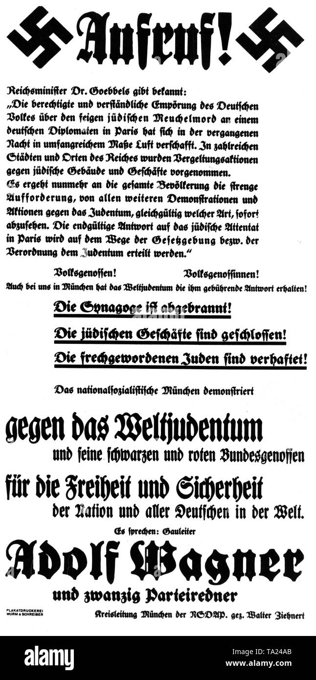 Cartel antisemita público llamando a la calma después de la Kristallnacht y anunciando el discurso de Gauleiter Adolf Wagner. Foto de stock