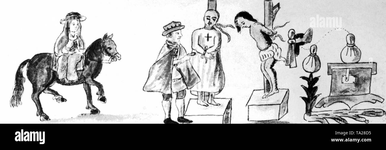Un Azteca contemporáneo ilustración muestra una escena de tortura durante la conquista de México por los españoles. Dos nobles aztecas son torturados hasta que revelar el escondite de los tesoros de los españoles. Foto de stock