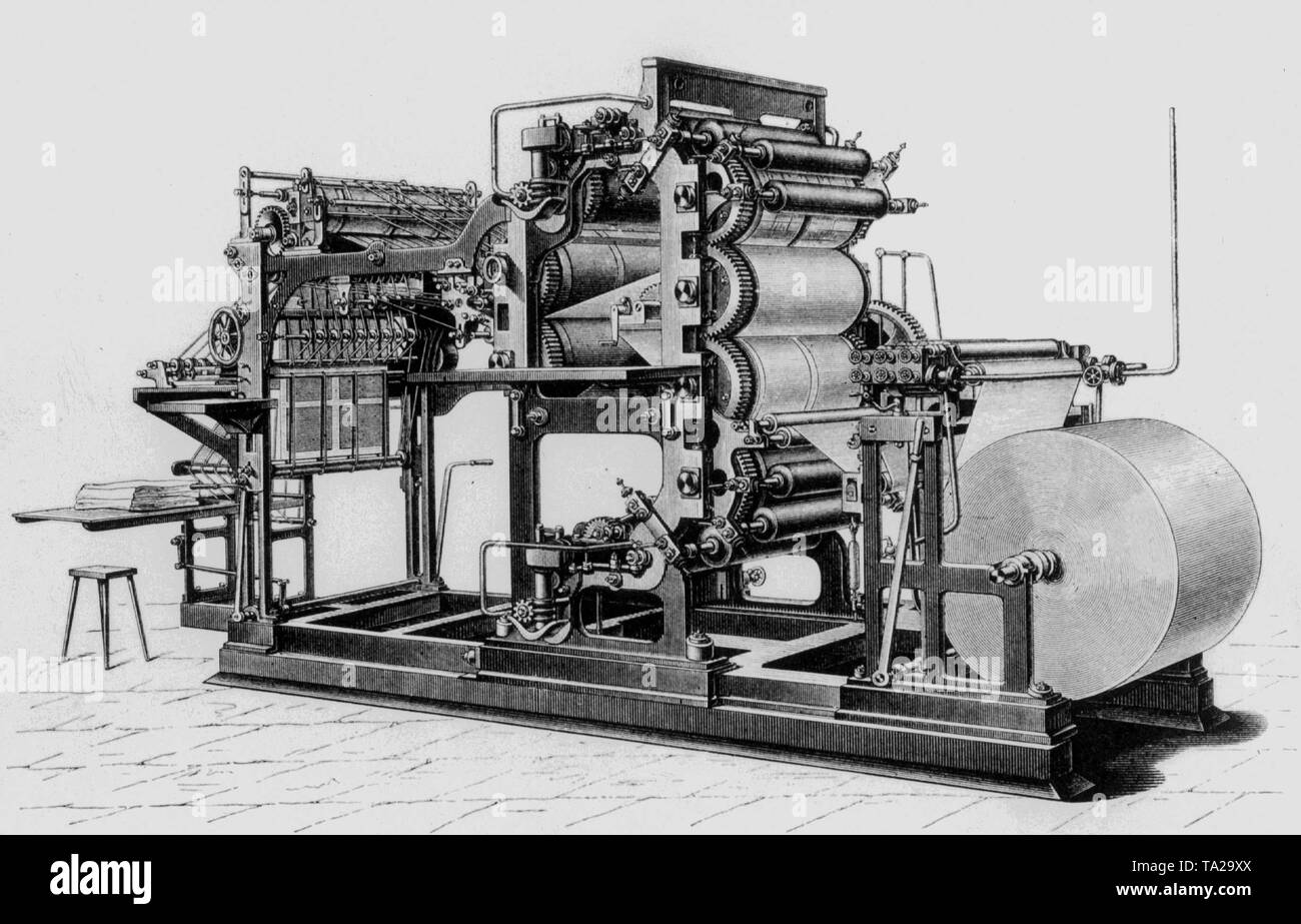 Acero grabado de la primera imprenta rotativa construido en Alemania en 1873/74 por Maschinenfabrik Augsburg para el Instituto bibliográfico y utilizado para la impresión de los léxicos. La máquina plegable (izquierda) fue construido a comienzos de la década de 1880. Foto de stock