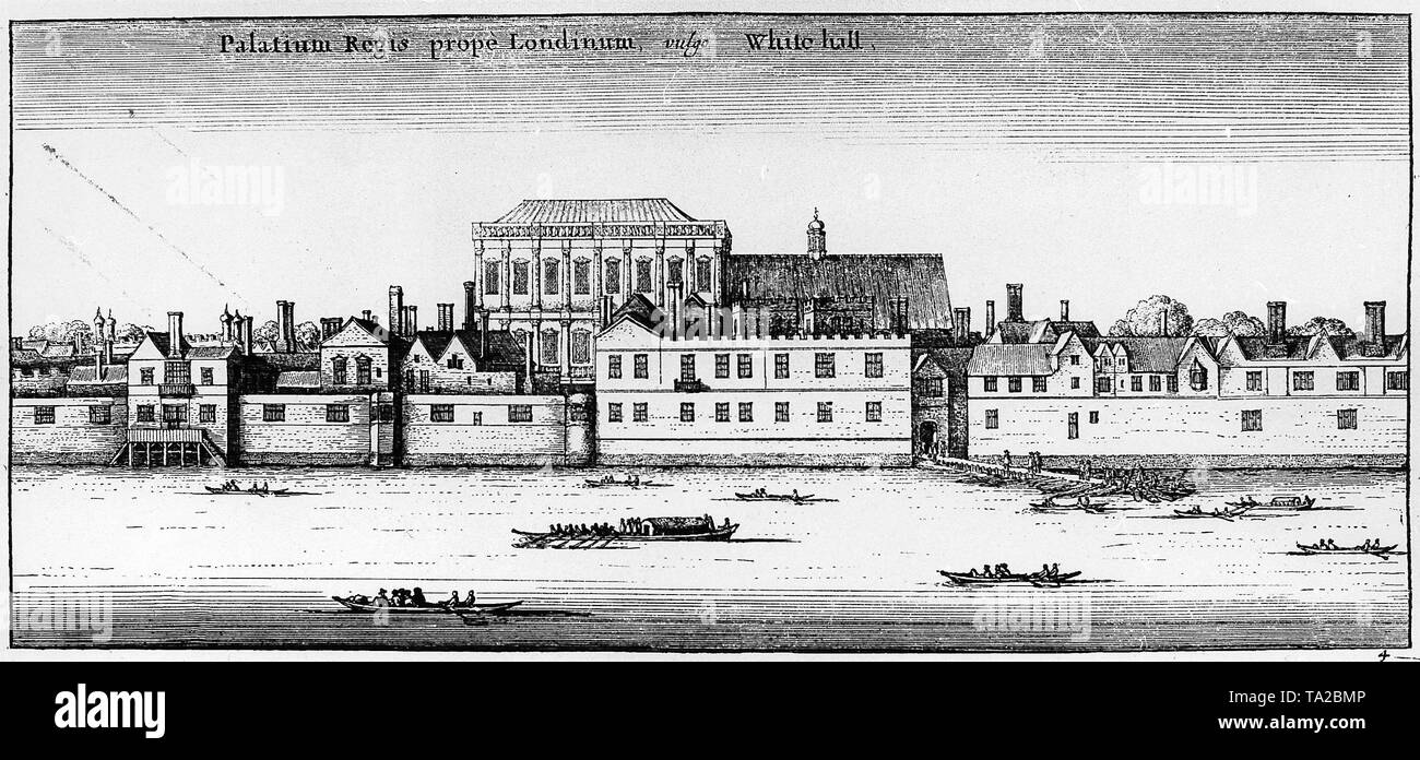 El Palacio de Whitehall en Londres en la época del rey Carlos I en 1649 Foto de stock