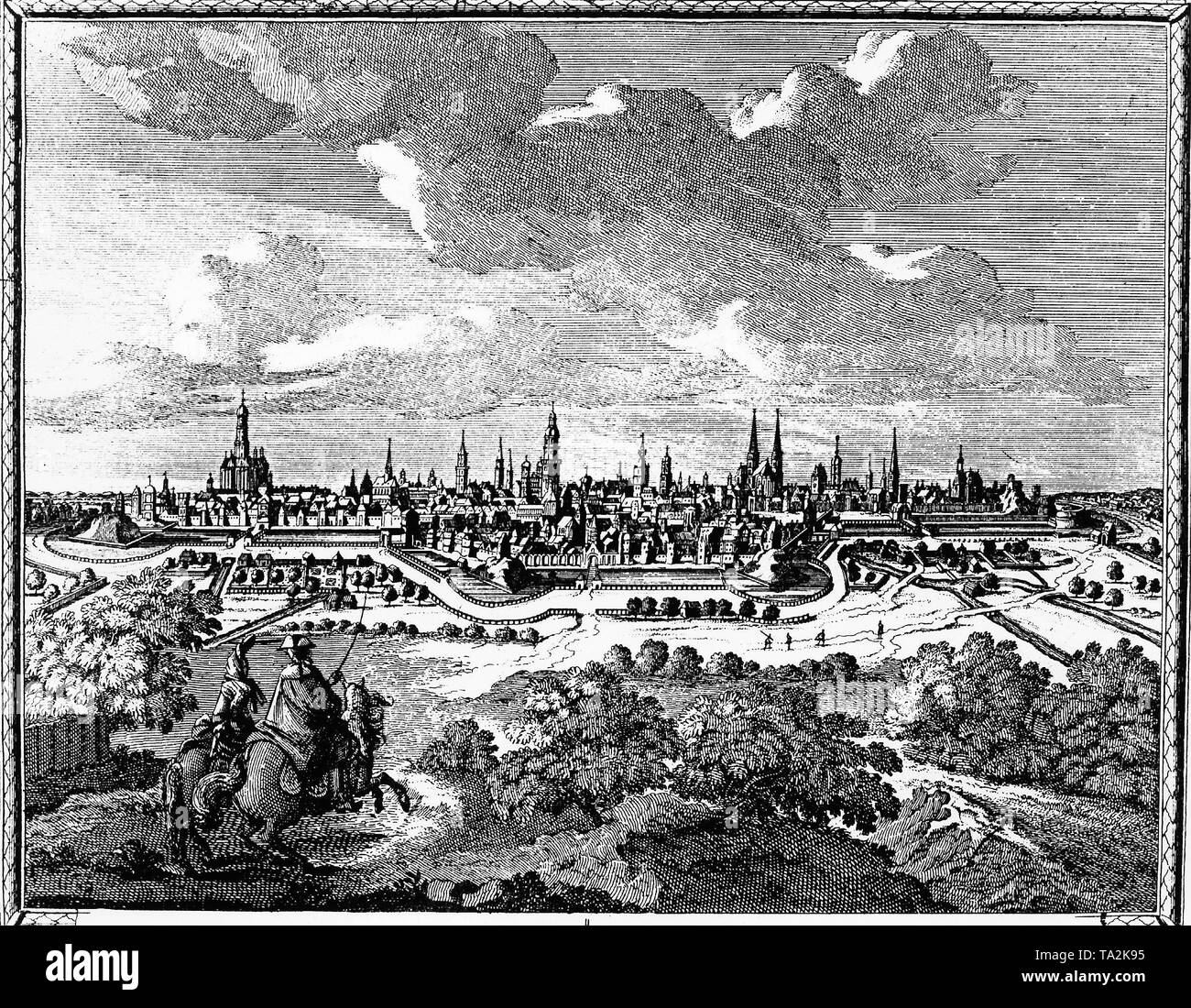 Vista de Augsburgo en la Edad Media después de un grabado de Schenk Foto de stock