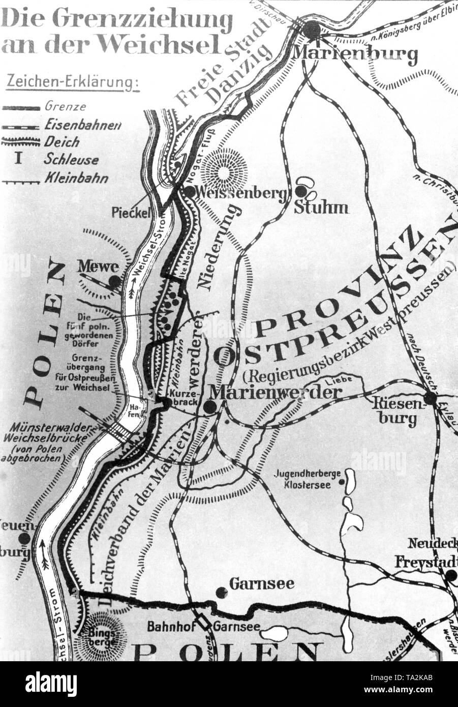 El mapa muestra el área de ??la 'Dreilaendereck' (trijunction) entre Polonia, Alemania y cerca de Gdansk Weissenberg, así como de la vecina aldea de la ciudad fronteriza de Marienwerder. Foto de stock