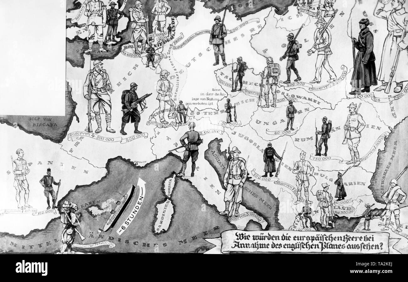 Este mapa de Skarbina plantea la pregunta: "¿Cómo podría parecerse a los ejércitos europeos en el momento de la adopción del plan inglés?" Aquí se muestran los tamaños de los ejércitos permanentes, así como las respectivas reservas. Foto de stock
