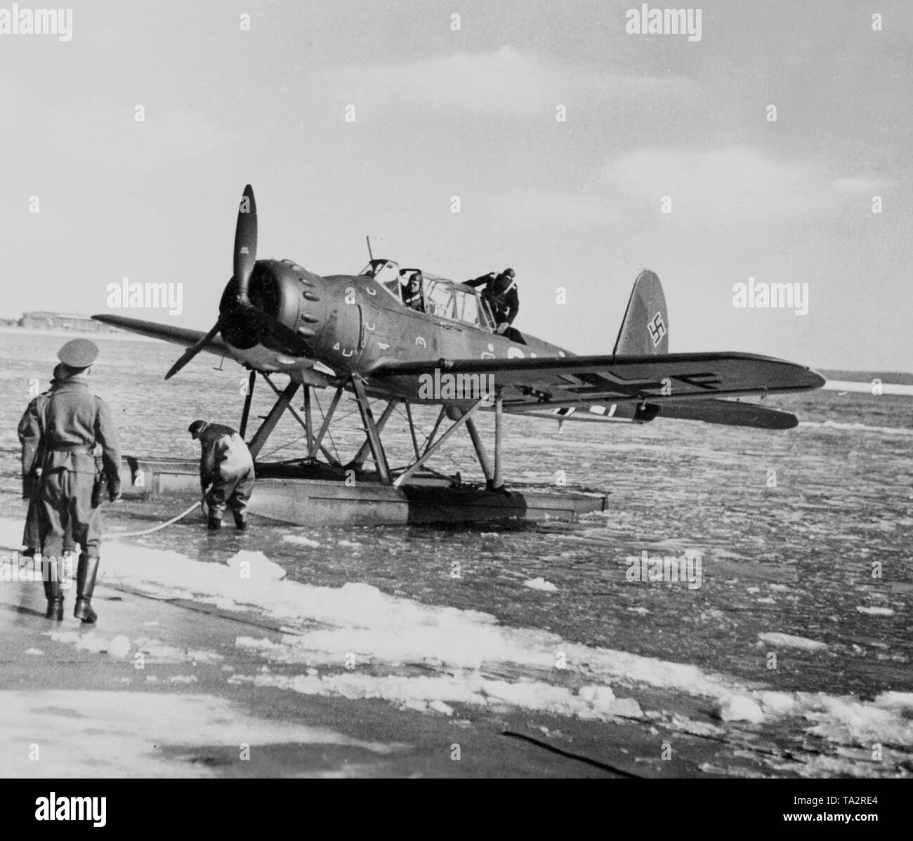 Arado Ar 196 hidroavión a una base en la costa. Foto: Lindemann. Foto de stock