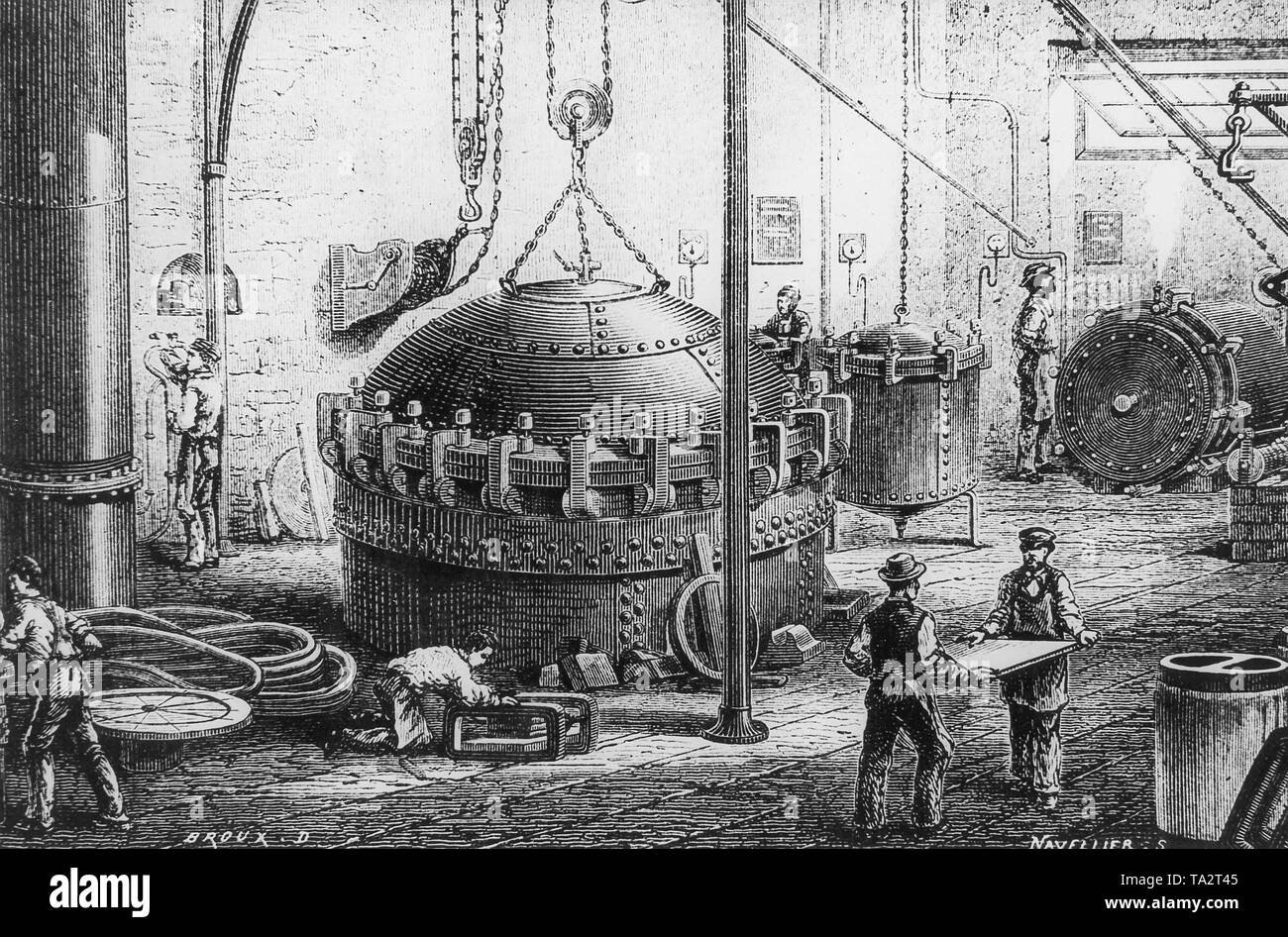 La vulcanización de caucho en una fábrica cerca de París. La foto es de un  dibujo a partir de mediados del siglo XIX, del francés del libro "Las  maravillas de la industria".