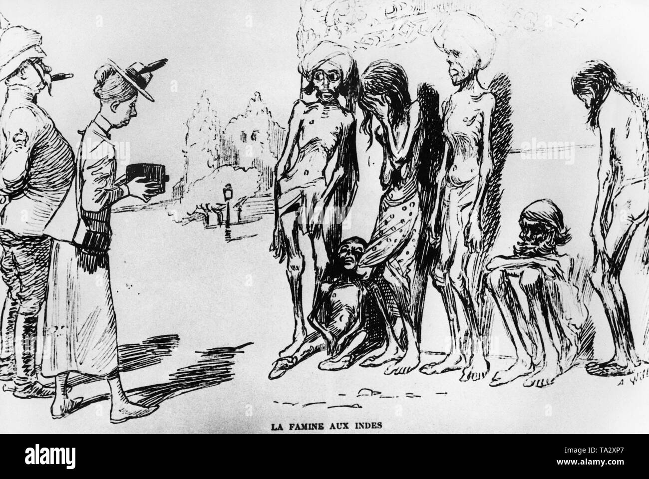 Cartoon contemporáneo sobre la colonia inglesa de Bengala. Dos colonialistas mirar los hambrientos nativos. El título dice: 'La hambruna aux indes' (Esp. La hambruna en la India). Foto sin fecha de alrededor de 1890. Foto de stock
