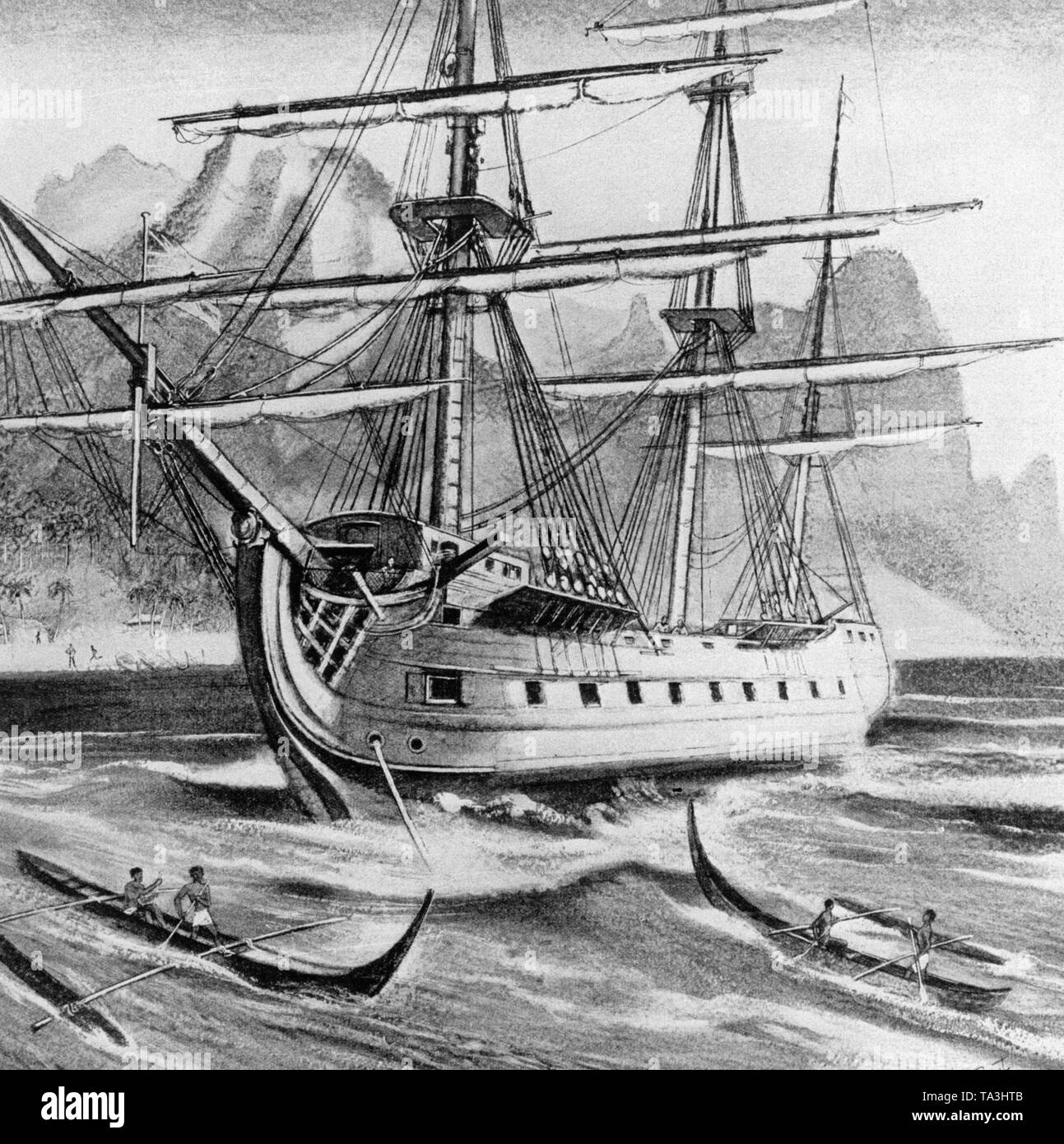 El buque británico "Bounty", el cual transporta el pan plantones a las colonias británicas en Oceanía, después del famoso motín frente a la costa de la Isla de Pitcairn. Foto de stock