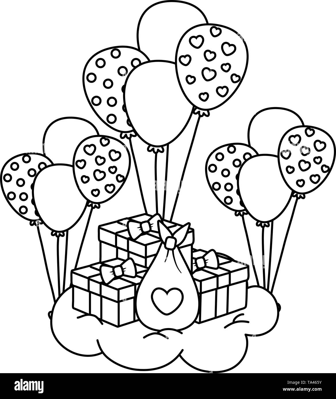 Globos con cajas de regalos envueltos con cinta y arco y decoradas con  estrellas y puntos ilustración vectorial diseño gráfico Imagen Vector de  stock - Alamy