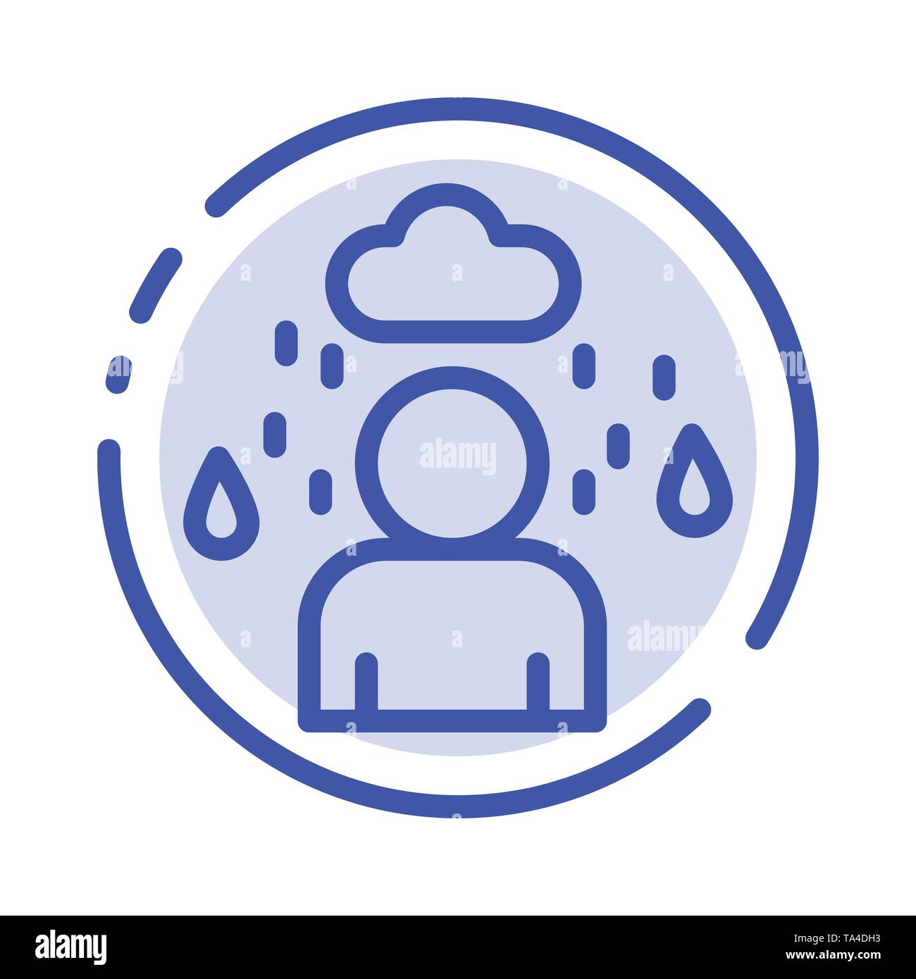 Hombre, la nube de lluvia, icono de la línea punteada de color azul Ilustración del Vector