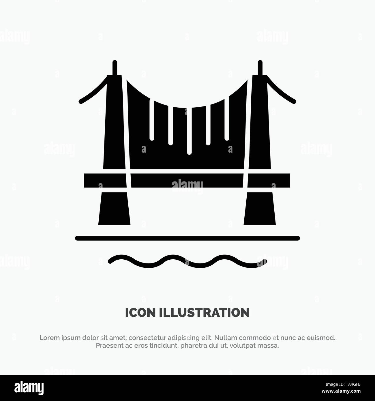 Puente, edificio, ciudad, paisaje urbano glifo sólido vector icono Ilustración del Vector