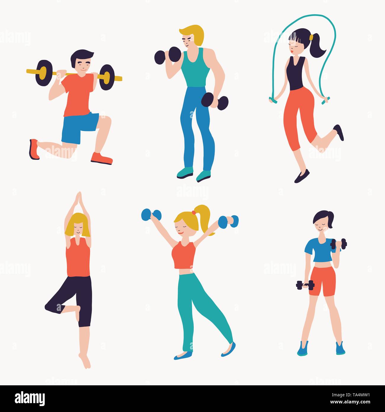 Personaje femenino participar en actividades deportivas hacer ejercicios  fitness entrenamiento correr saltar en la cuerda estilo de vida saludable  ocio dibujos animados plano vector ilustración aislado sobre fondo blanco