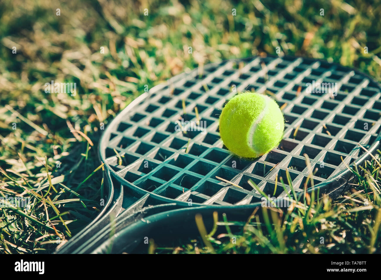 Pelota de Tenis acostado sobre una raqueta en el pasto verde. Concepto de los juegos de verano Foto de stock
