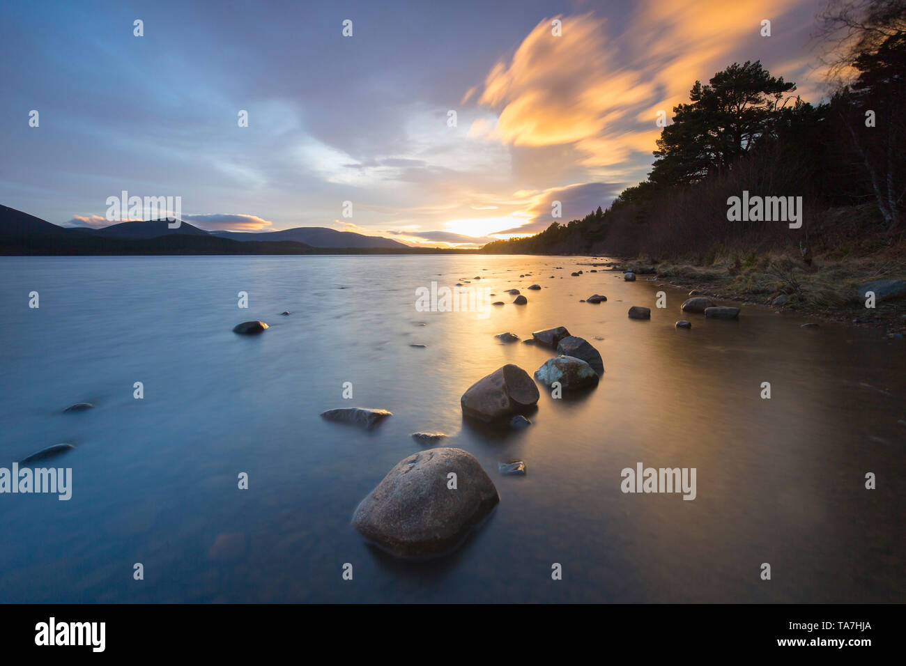 Loch Morlich en luz del atardecer. El Parque Nacional de Cairngorms, Escocia, Gran Bretaña Foto de stock