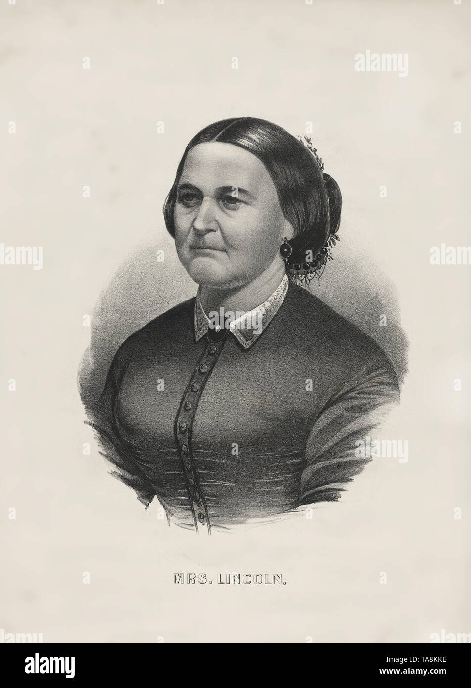 La Sra. Lincoln, cabeza y hombros retrato de Mary Todd Lincoln, dibujo de artista desconocido, de 1865. Foto de stock