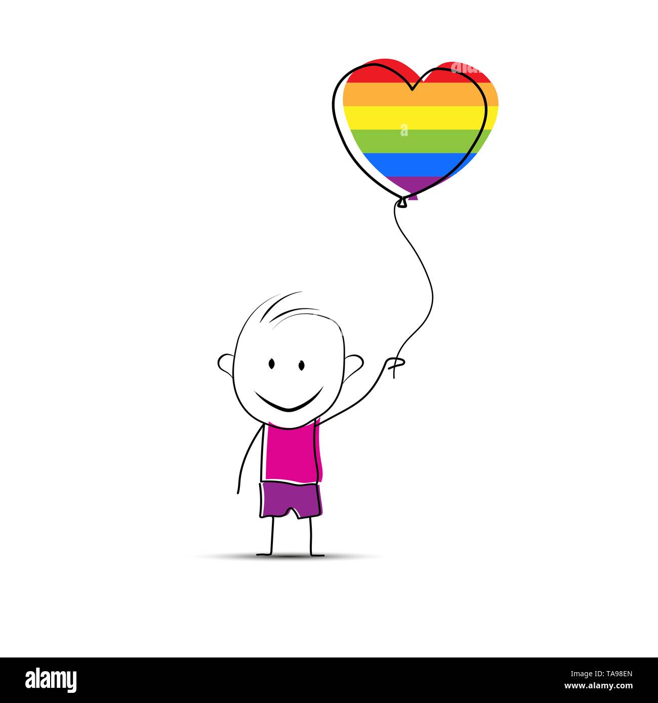 Dibujos animados dibujados a mano niño sosteniendo un globo en forma de  corazón con los colores de la comunidad LGBT Imagen Vector de stock - Alamy