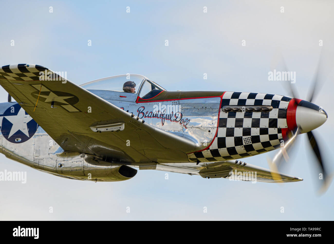 North American P-51 Mustang llamado gran hermosa muñeca. Segunda Guerra Mundial avión de combate. USAAF Guerra Mundial dos aviones con nariz de tablero de ajedrez. Volando. P51 Foto de stock