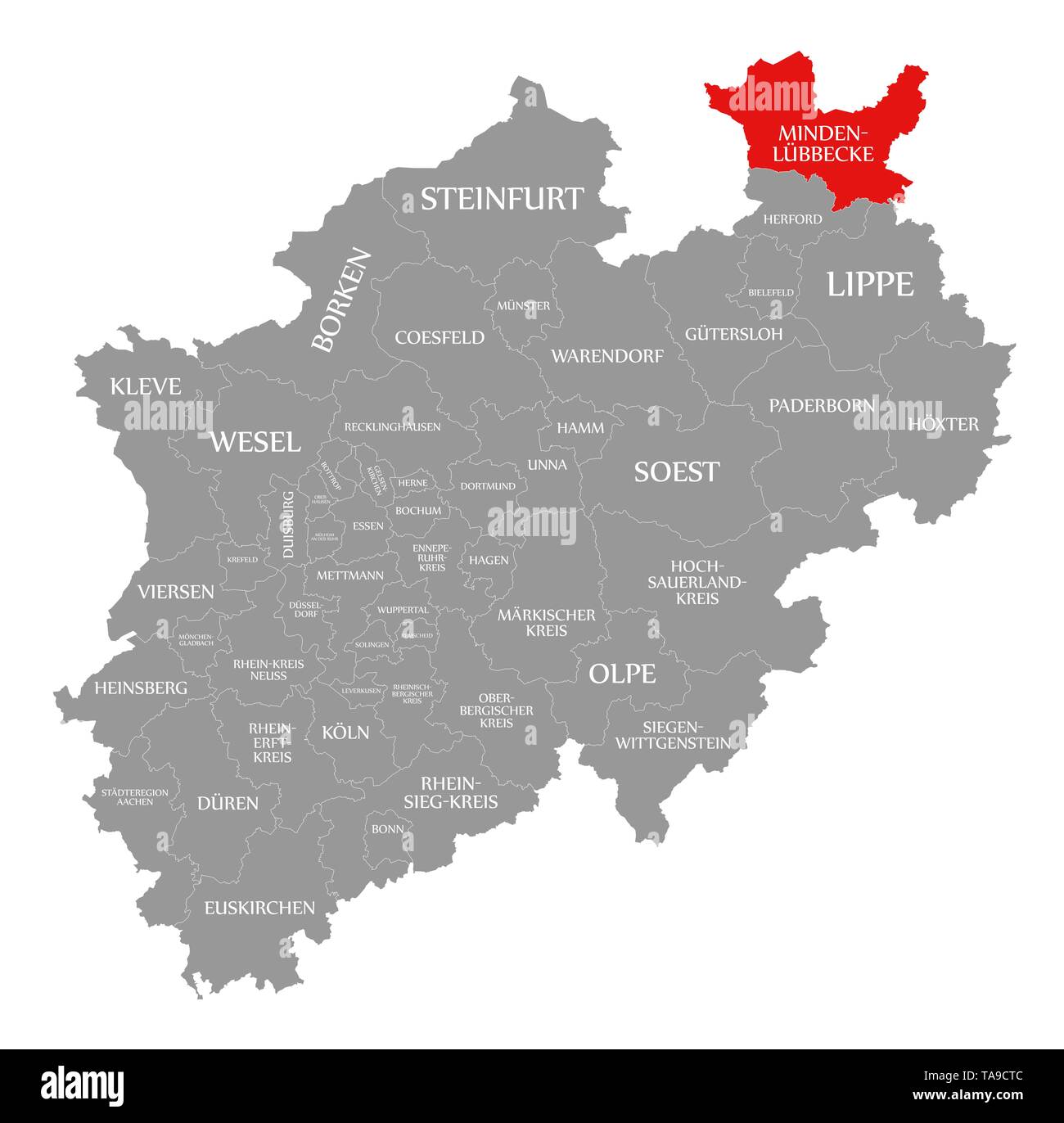 Minden Luebbecke resaltada en rojo en el mapa de Renania del Norte Westfalia DE Foto de stock