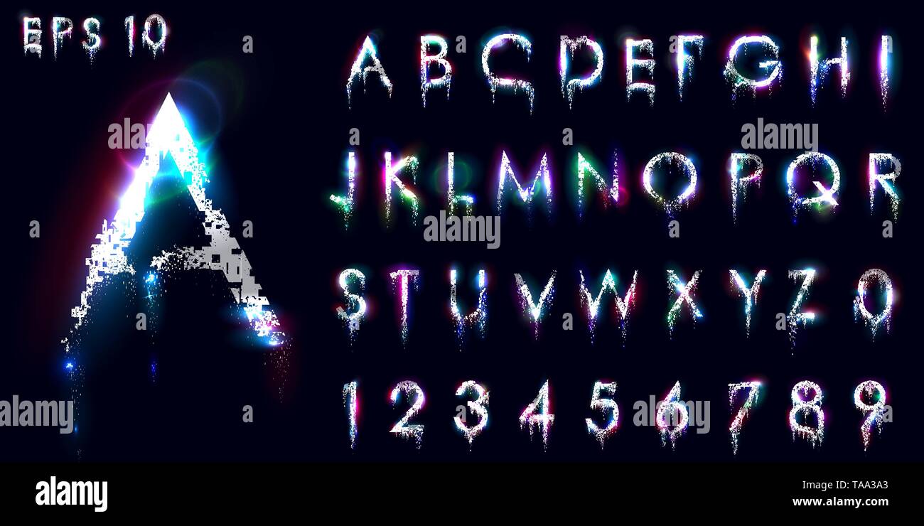 Desmenuzar y fuente luminosa, letras del alfabeto inglés y números