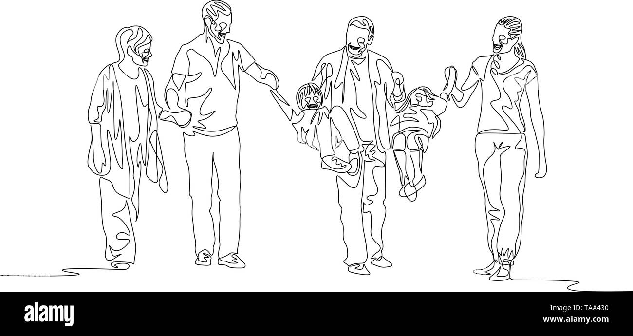 Una línea continua de generación múltiple de la familia, los padres de niños oscilantes Ilustración del Vector