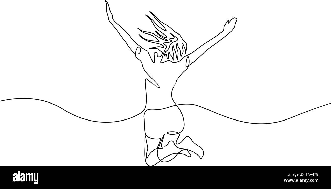 Dibujo de una línea continua saltando chica, vector Ilustración del Vector