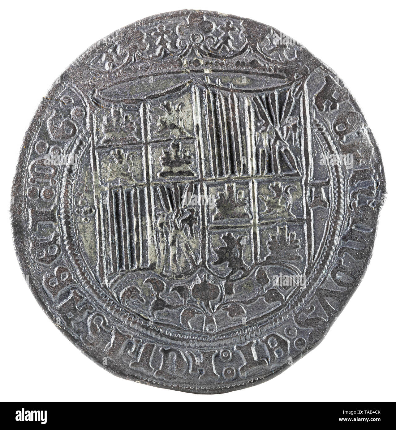Antigua moneda de plata española de los reyes Fernando e Isabel. Reyes Católicos. Acuñado en Toledo. Real. Anverso. Foto de stock