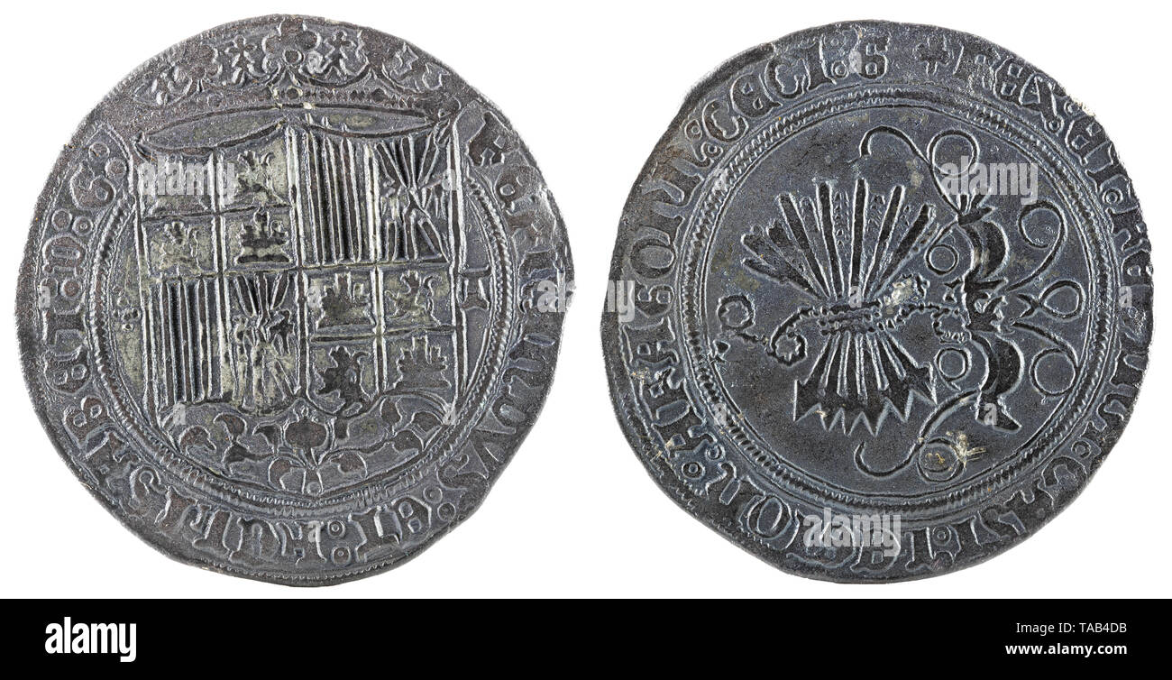 Antigua moneda de plata española de los reyes Fernando e Isabel. Reyes Católicos. Acuñado en Toledo. Real. Foto de stock
