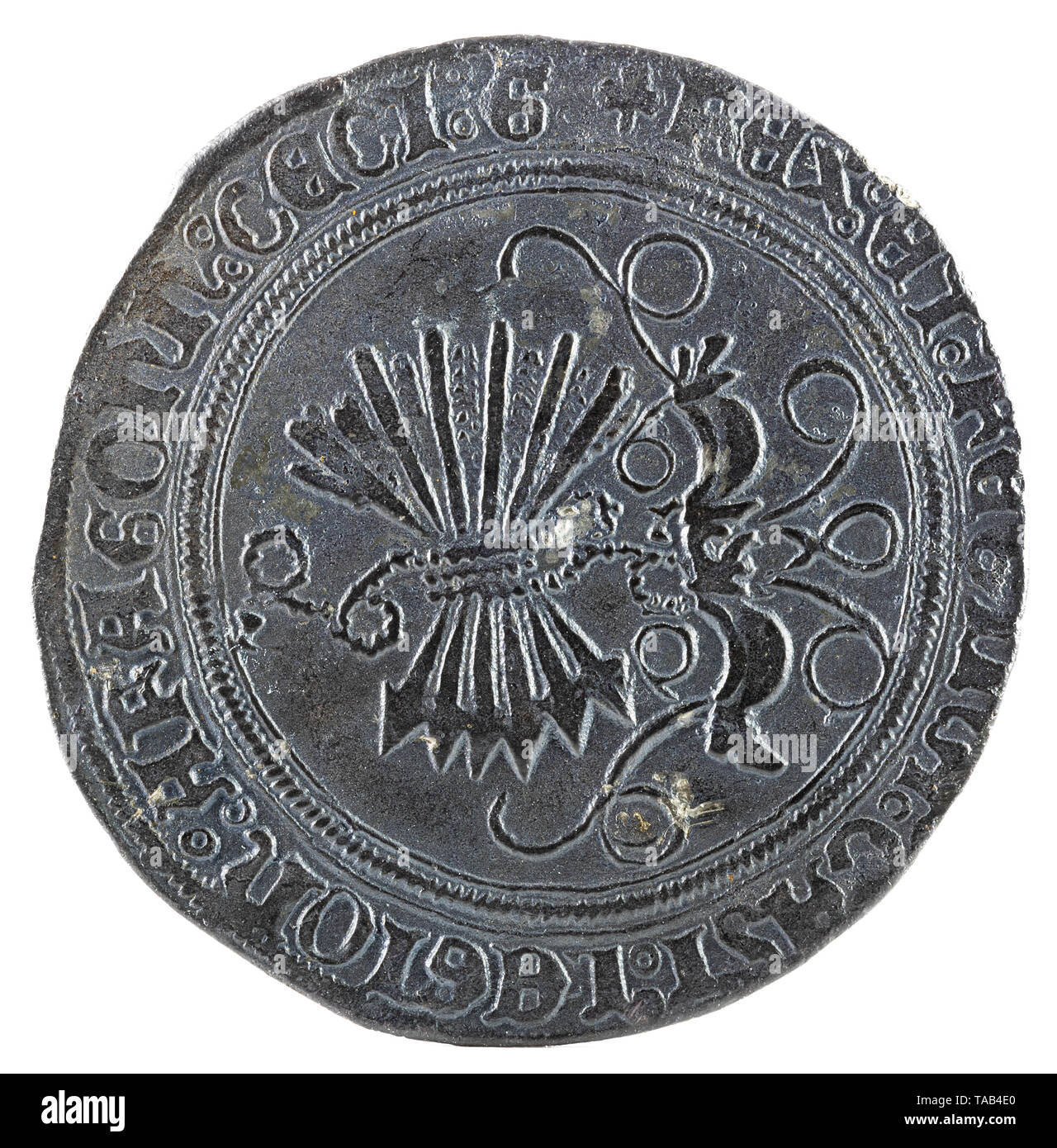 Antigua moneda de plata española de los reyes Fernando e Isabel. Reyes Católicos. Acuñado en Toledo. Real. Retroceso. Foto de stock