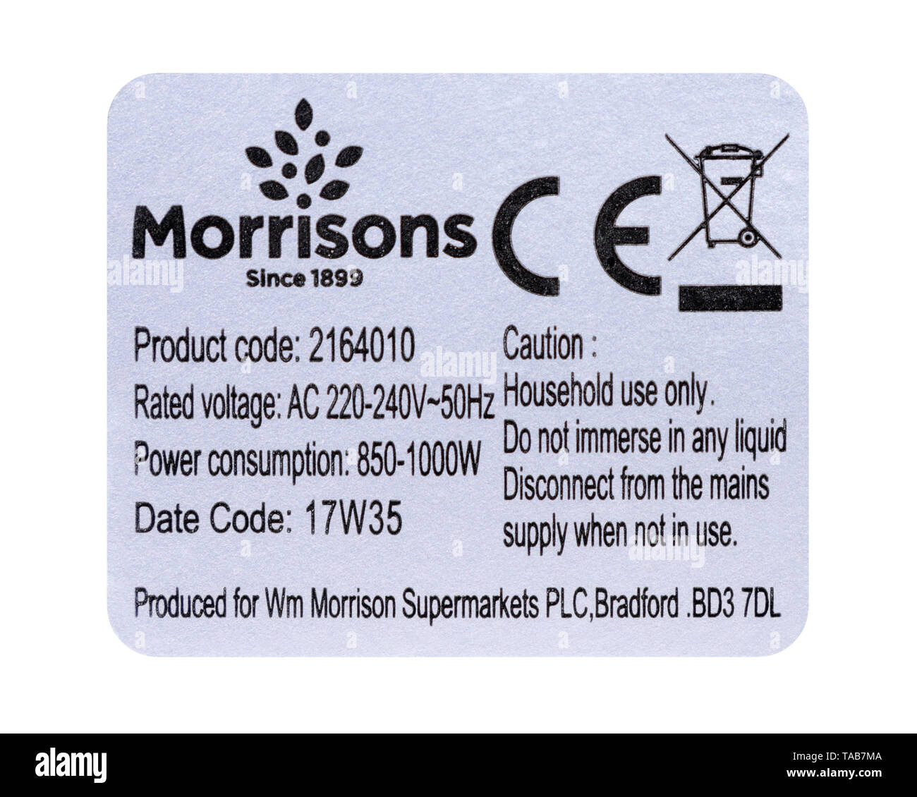 Morrisons Sandwichera placa identificativa aislado sobre un fondo blanco. Foto de stock