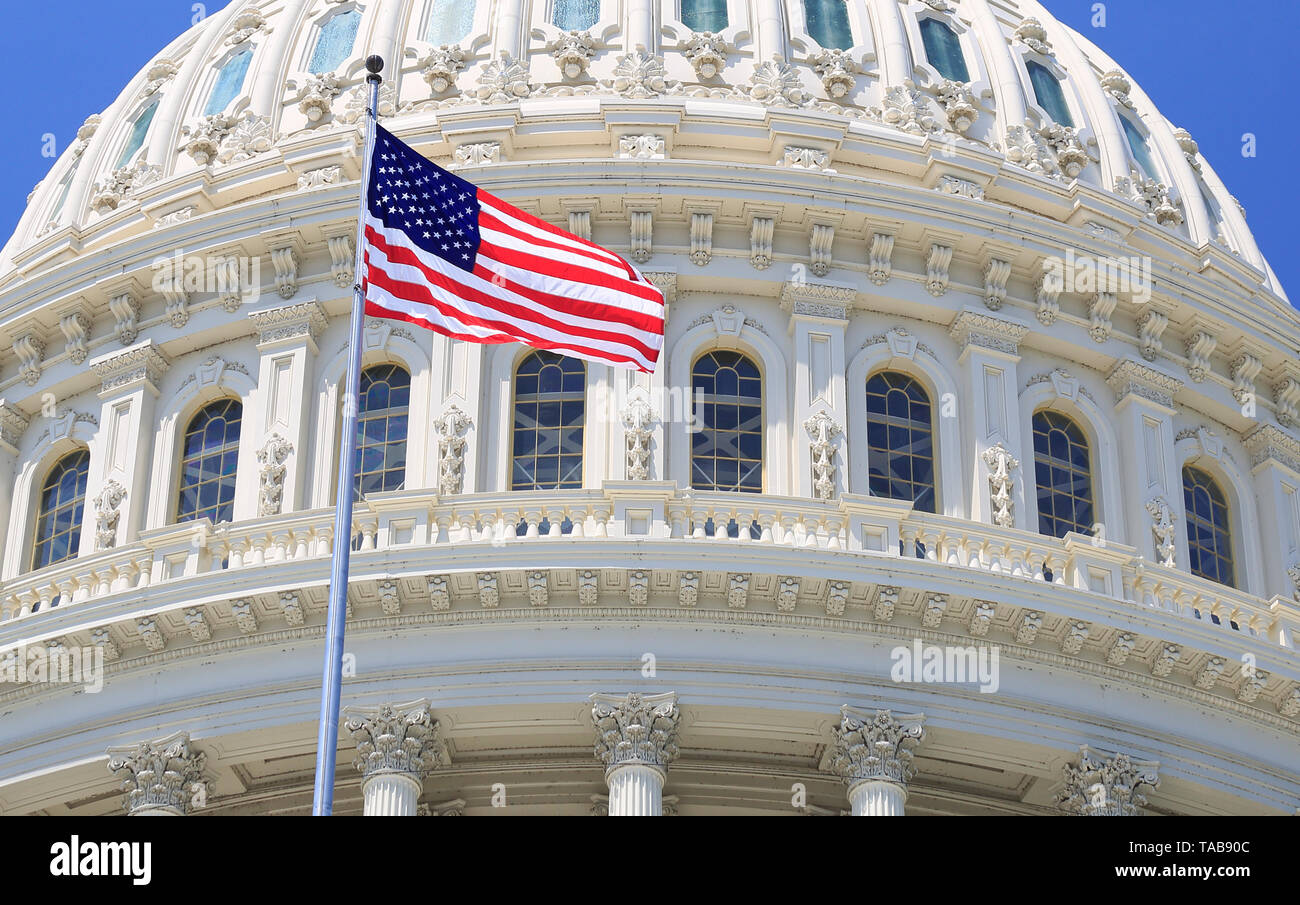 Detalle del techo del Capitolio con ondear la bandera americana, Washington DC, EE.UU. Foto de stock