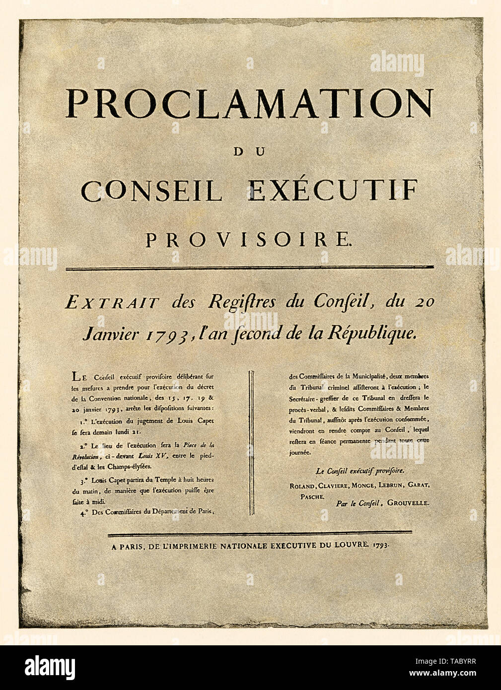 Anuncio de la orden de ejecución de Luis XVI, la Revolución Francesa de 1793. Con un lavado de acuarela de semitono Foto de stock