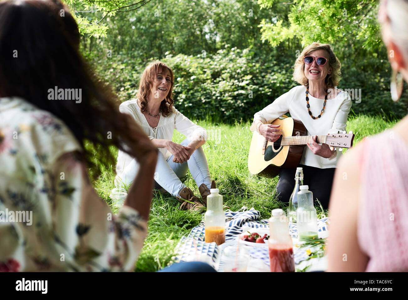Grupo de mujeres con guitarra divirtiéndose en un picnic en el parque Foto de stock