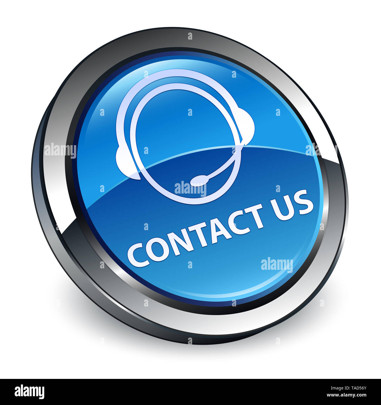 Póngase en contacto con nosotros Servicio de atención al cliente (icono) aislados en 3d botón redondo azul Resumen ilustración Foto de stock