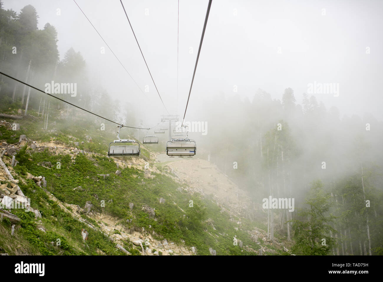 Rusia, Sochi, vacío funicular en bosque nublado. Foto de stock