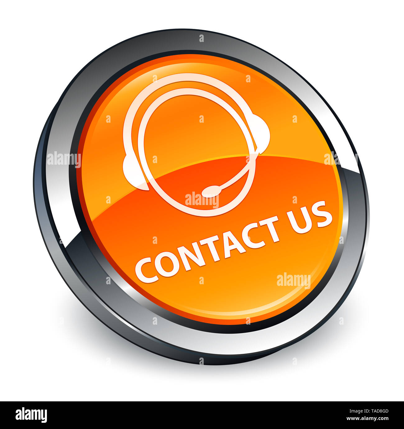 Póngase en contacto con nosotros Servicio de atención al cliente (icono) aislados en 3d botón redondo naranja Resumen ilustración Foto de stock