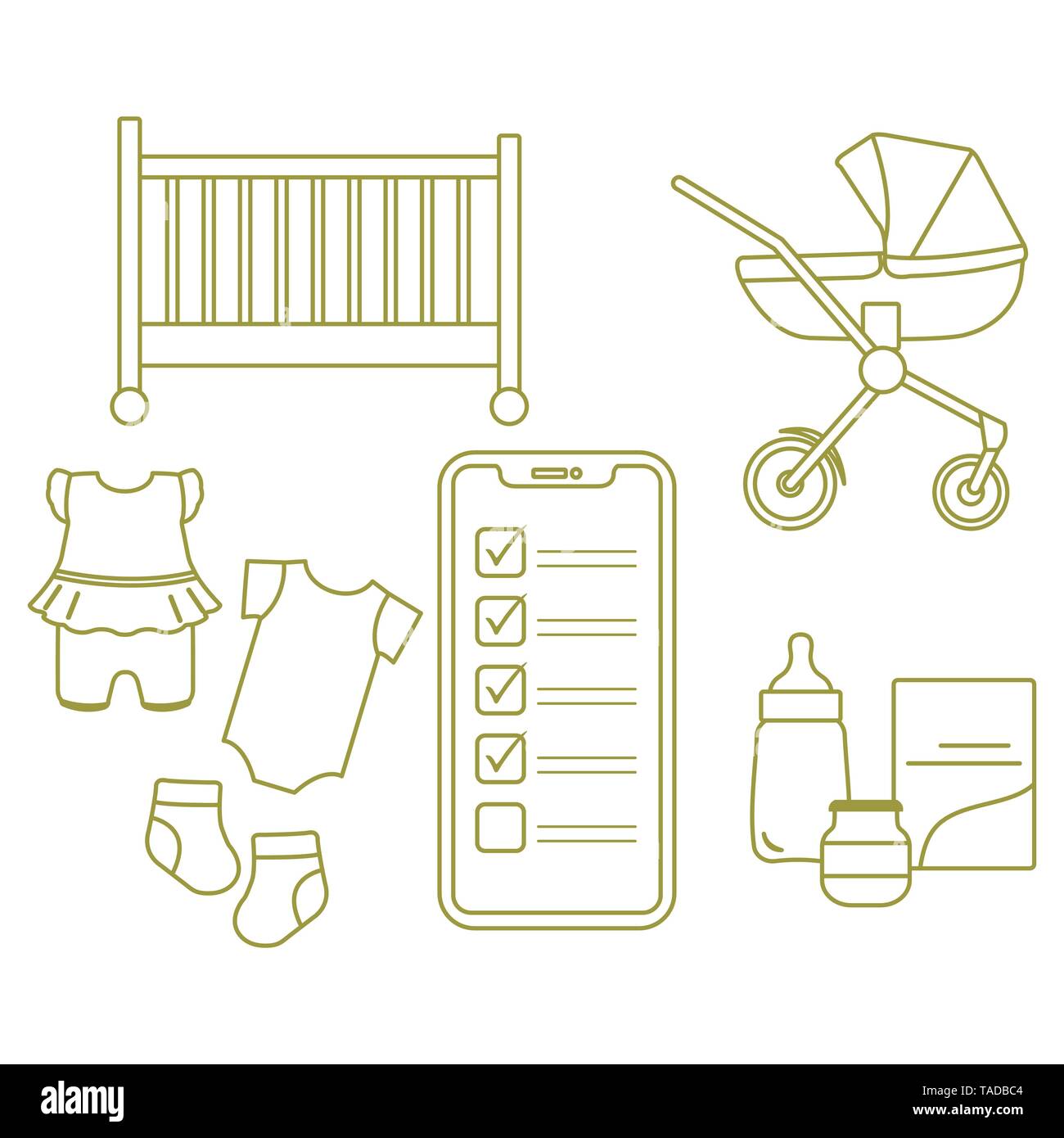 Ilustración vectorial con el smartphone con la lista de comprobación,  accesorios para el bebé recién nacido. La Pram, cuna, botella, alimentos  para bebés, calcetines, bodysuits. Las compras en línea Imagen Vector de
