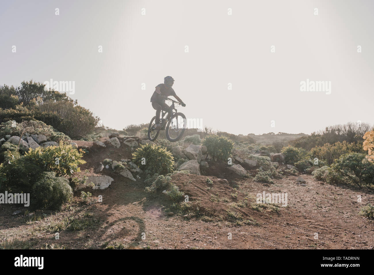 España, Lanzarote, mountainbike en un viaje en el desértico paisaje Foto de stock