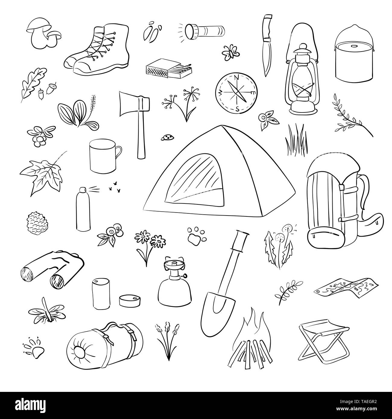 Equipo de camping de senderismo equipo de campamento base y accesorios al  aire libre Vector de stock por ©tigatelu 167295108
