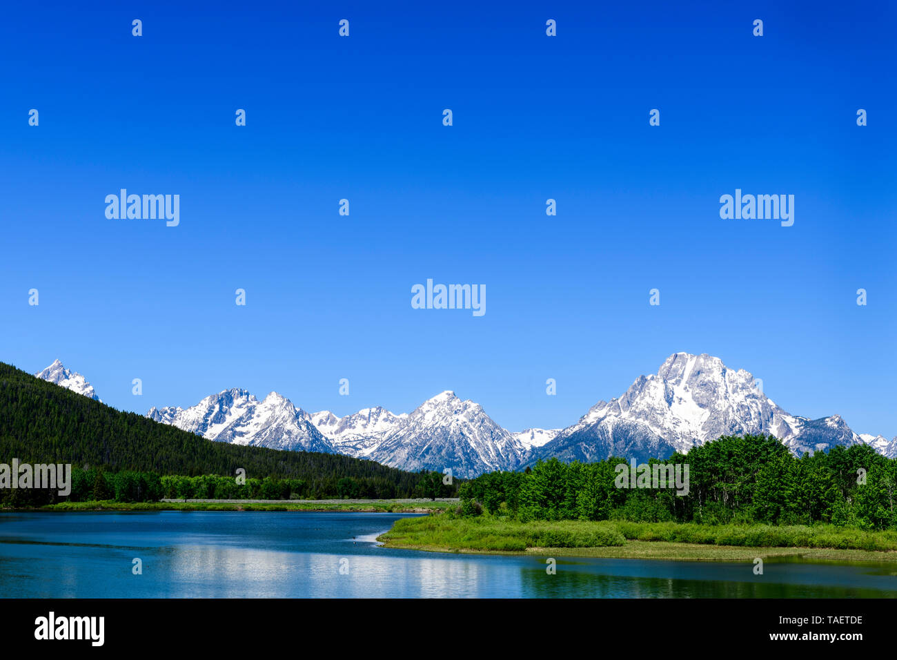 Mt. Moran y el río Snake en parque nacional Grand Teton, cerca de Jackson Hole, Wyoming, Estados Unidos. Foto de stock
